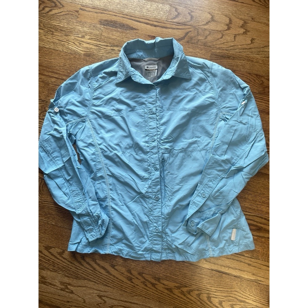 Columbia Women's Roll Tab Sleeve Button Front Titanium Blue Shirt Size M